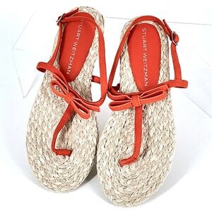 Stuart Weitzman Size 8.5 Orange Suede Raffia Thong Sandals NEW Espadrille Flat